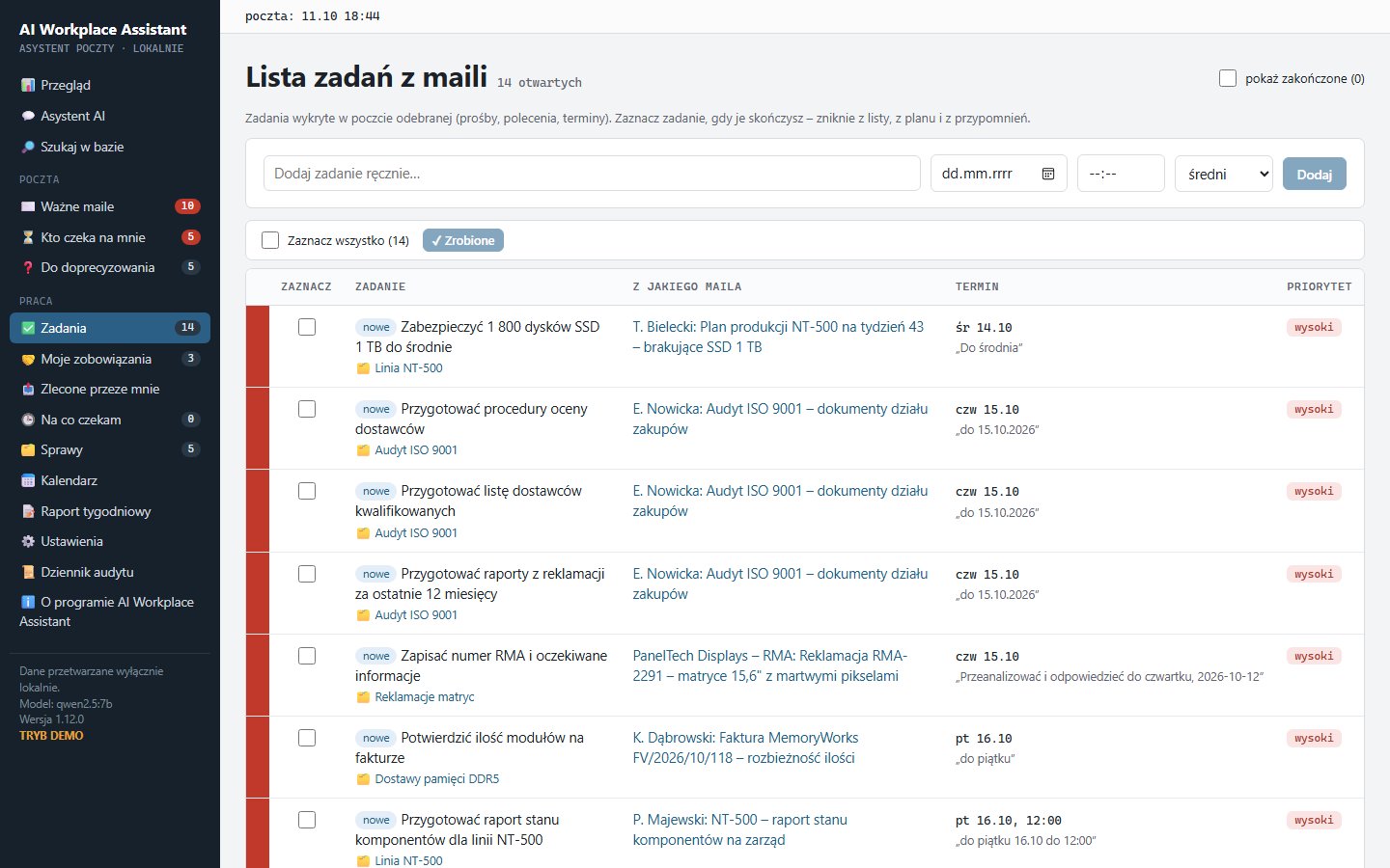 Lista zadań wykrytych w poczcie